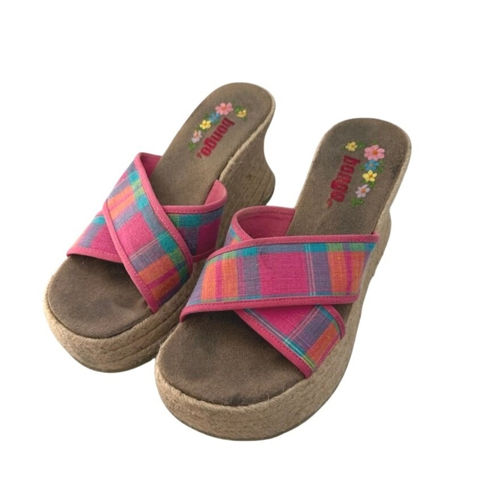 Bongo Wedges Women 8 Pink Plaid Vintage Y2K Coquette Espadrille Platform Sandals